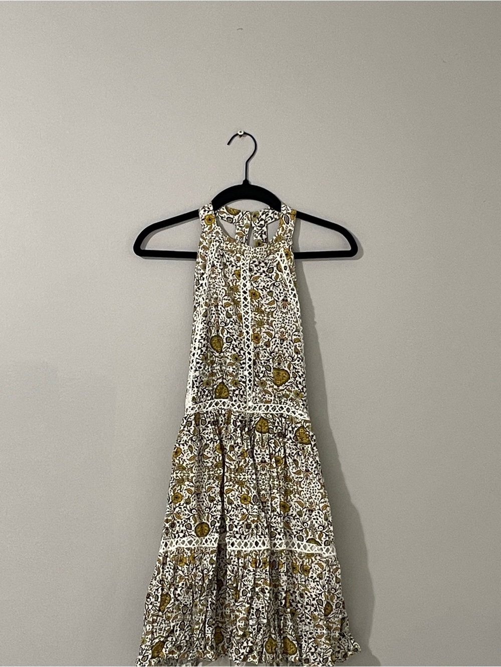 Sleeveless White Floral Halter Mini Dress with Olive Accents